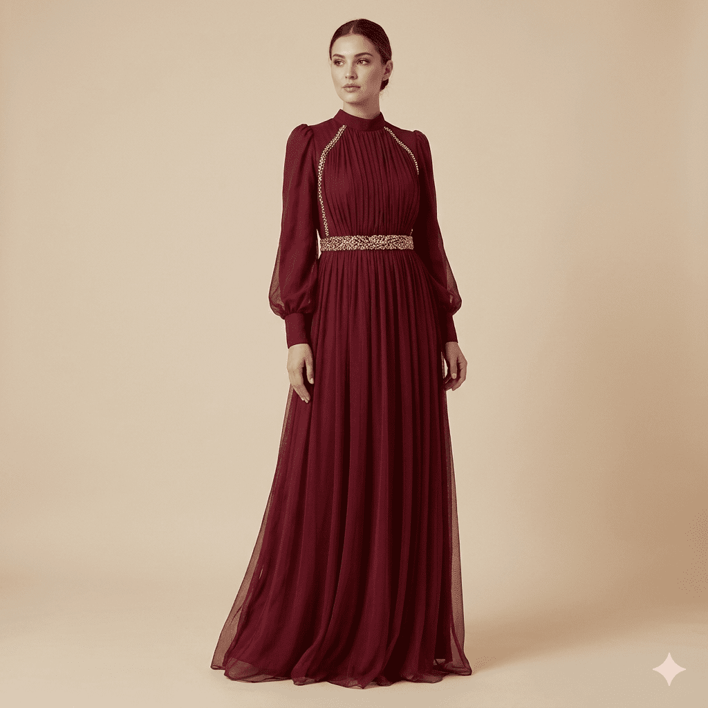 Ruby Elegance Long Gown Premium Maroon Pleated Party Dress 2