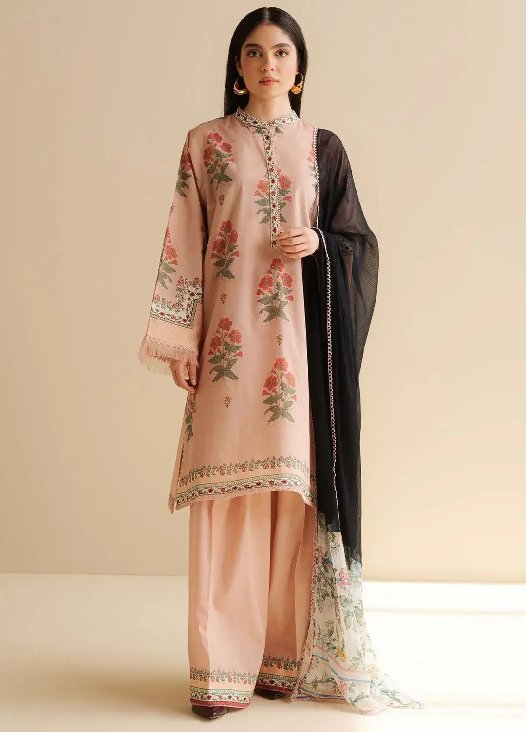 Pakistani COCO Print by Zara Shahjahan Unstitched Lawn Three 3 Piece Suit- Pink x Black 1