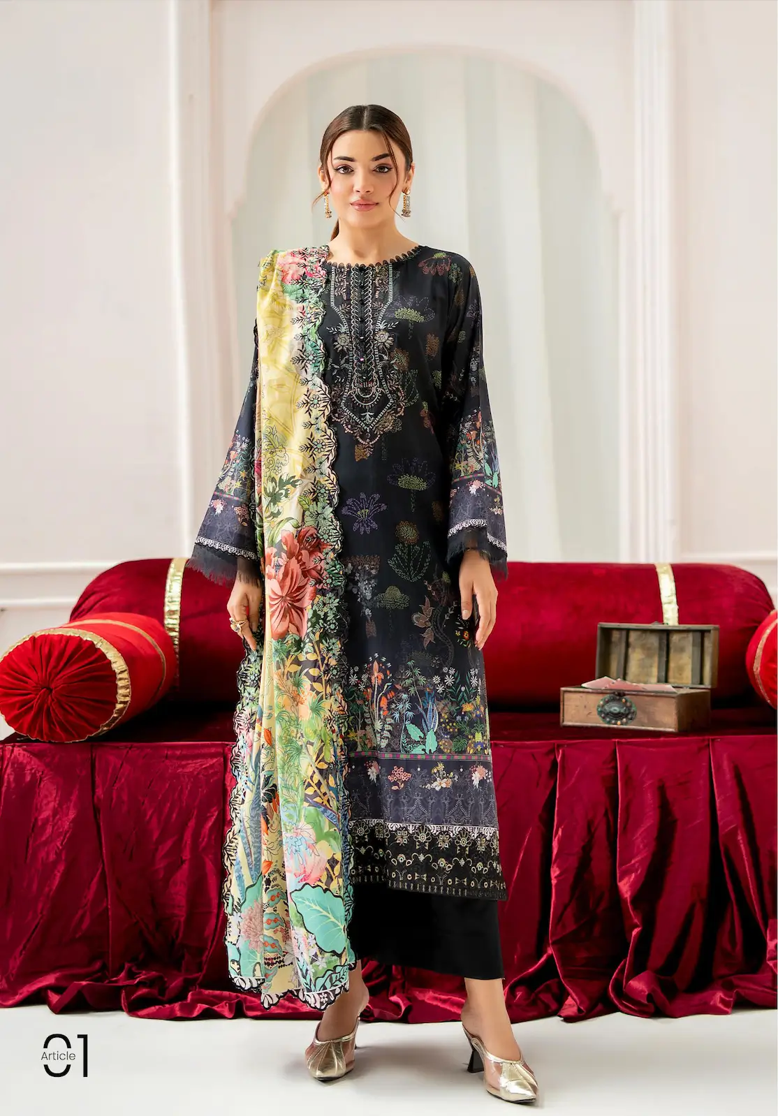 Pakistani Mahajal by Gulljee Unstitched Three Piece - Black Yellow 1