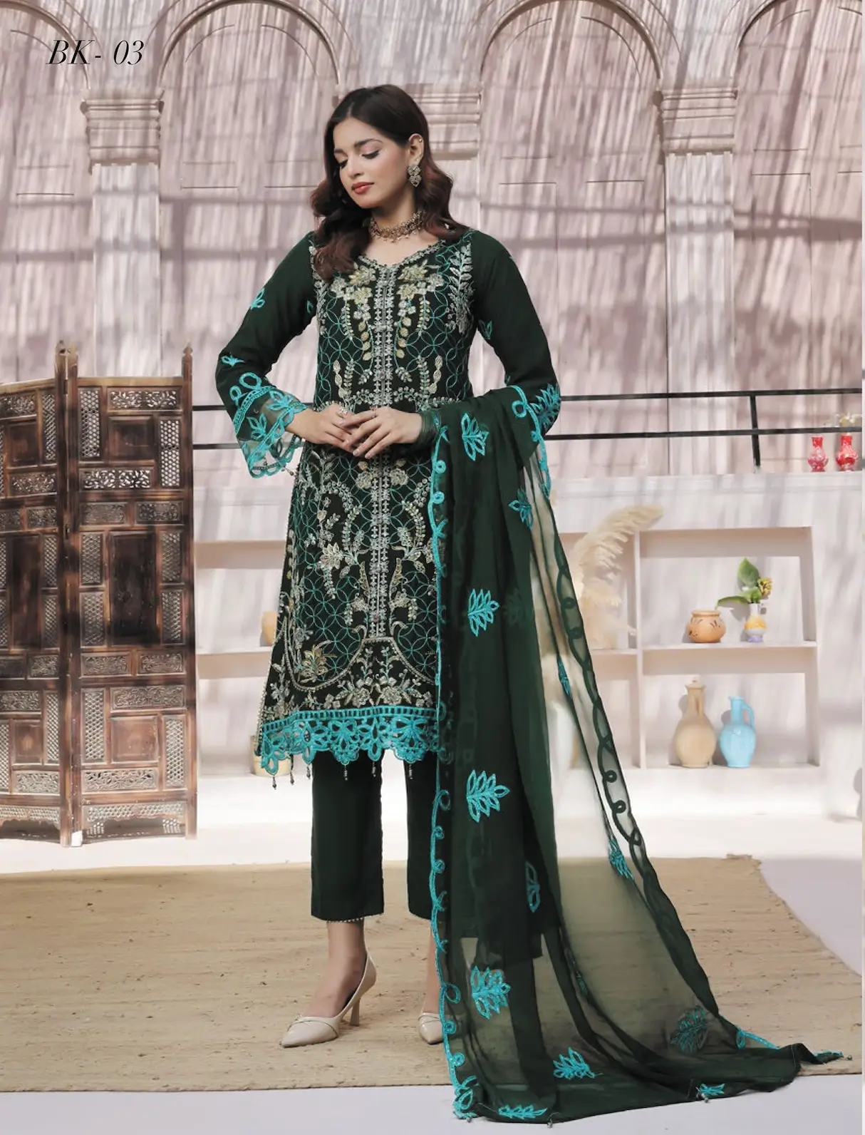 Pakistani Dastaan By Bin Khalid - Unstitched Three Piece- Royal Green 1