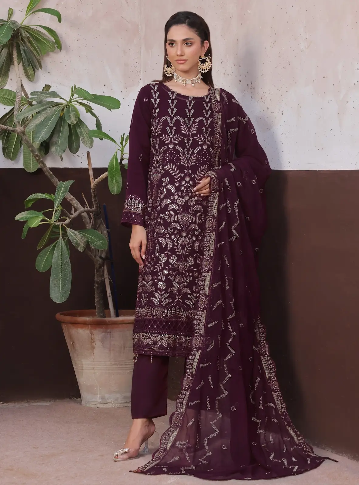 Pakistani Bin Hameed Embroidered Unstitched Three Piece - Burgundy 1