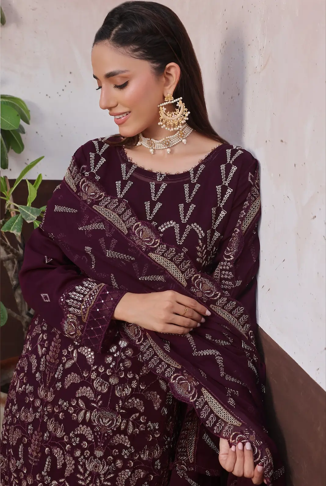 Pakistani Bin Hameed Embroidered Unstitched Three Piece - Burgundy 2