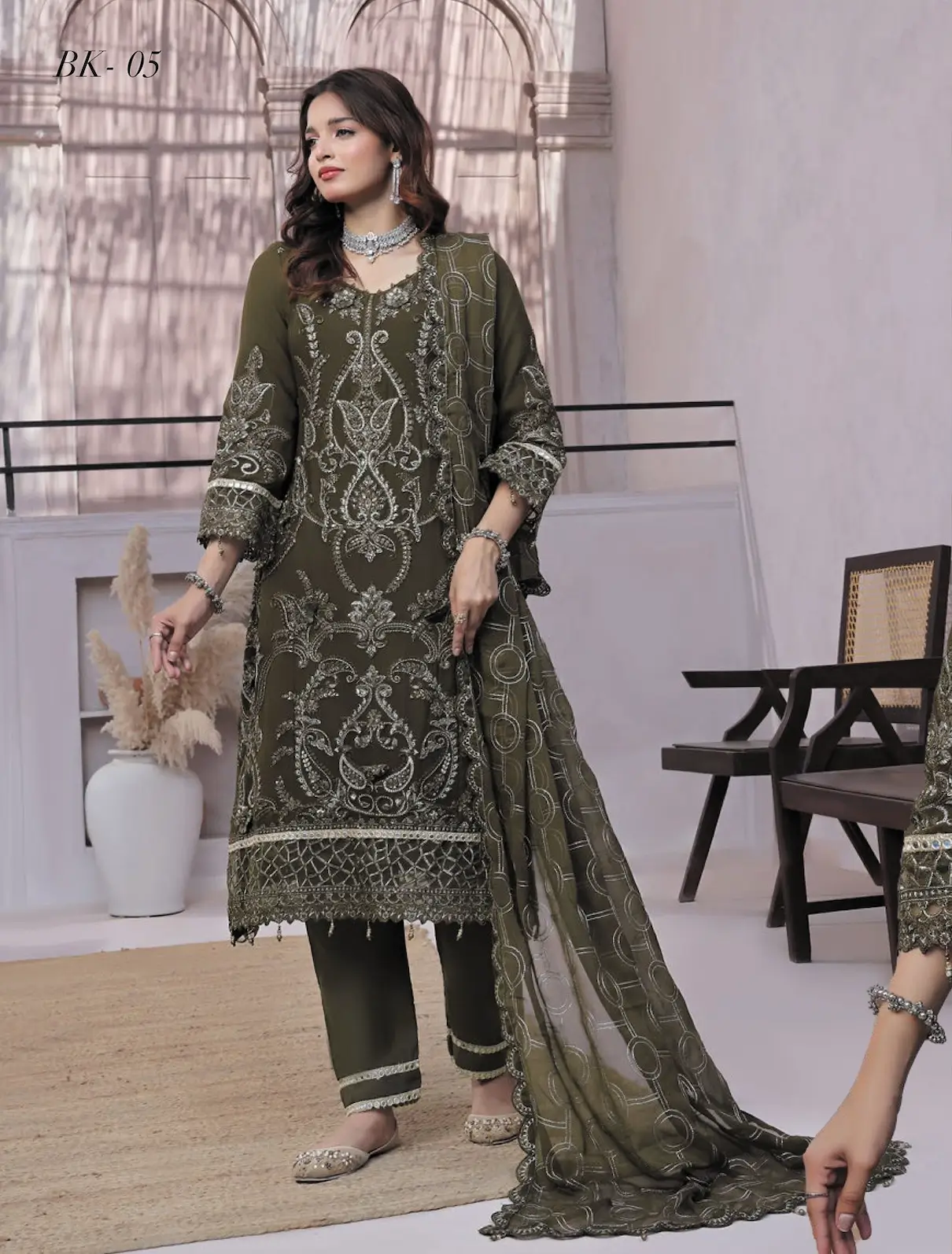 Pakistani Dastaan By Bin Khalid - Piece Unstitched Three Piece- Olive 1