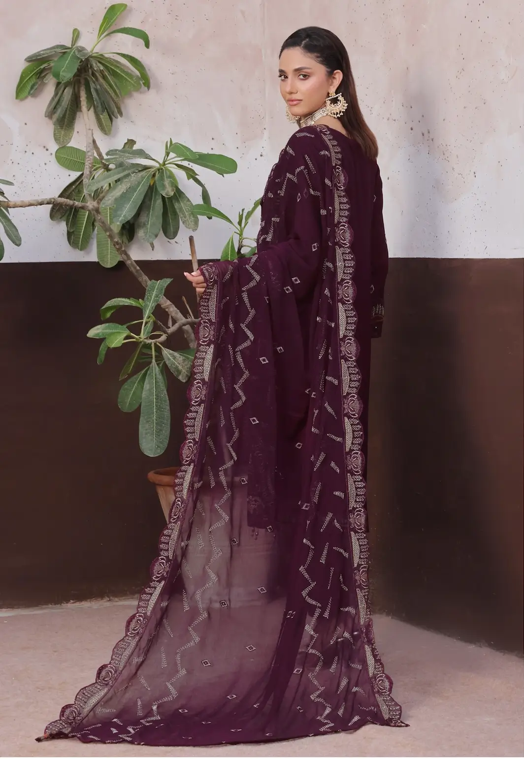 Pakistani Bin Hameed Embroidered Unstitched Three Piece - Burgundy 4