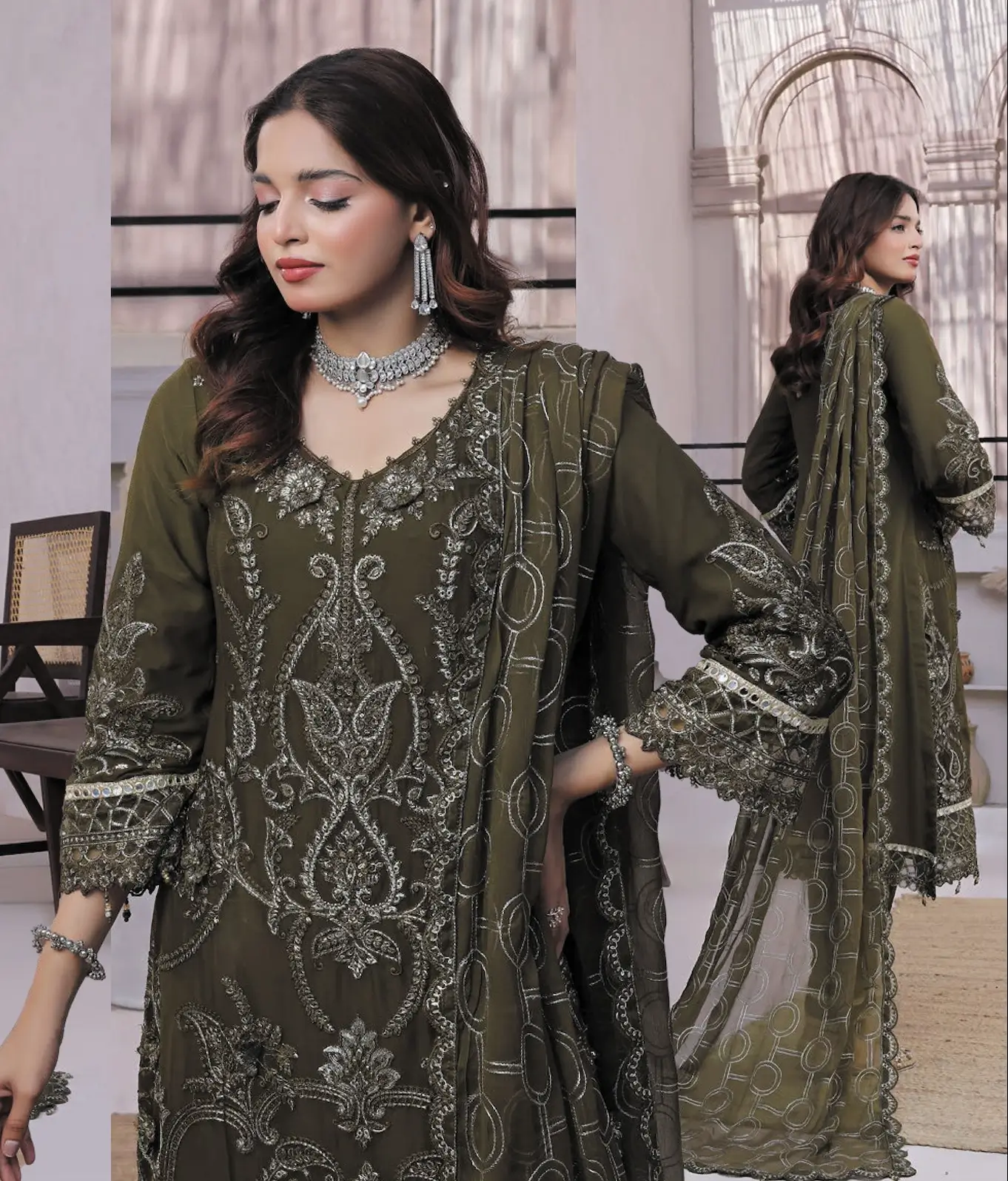 Pakistani Dastaan By Bin Khalid - Piece Unstitched Three Piece- Olive 3