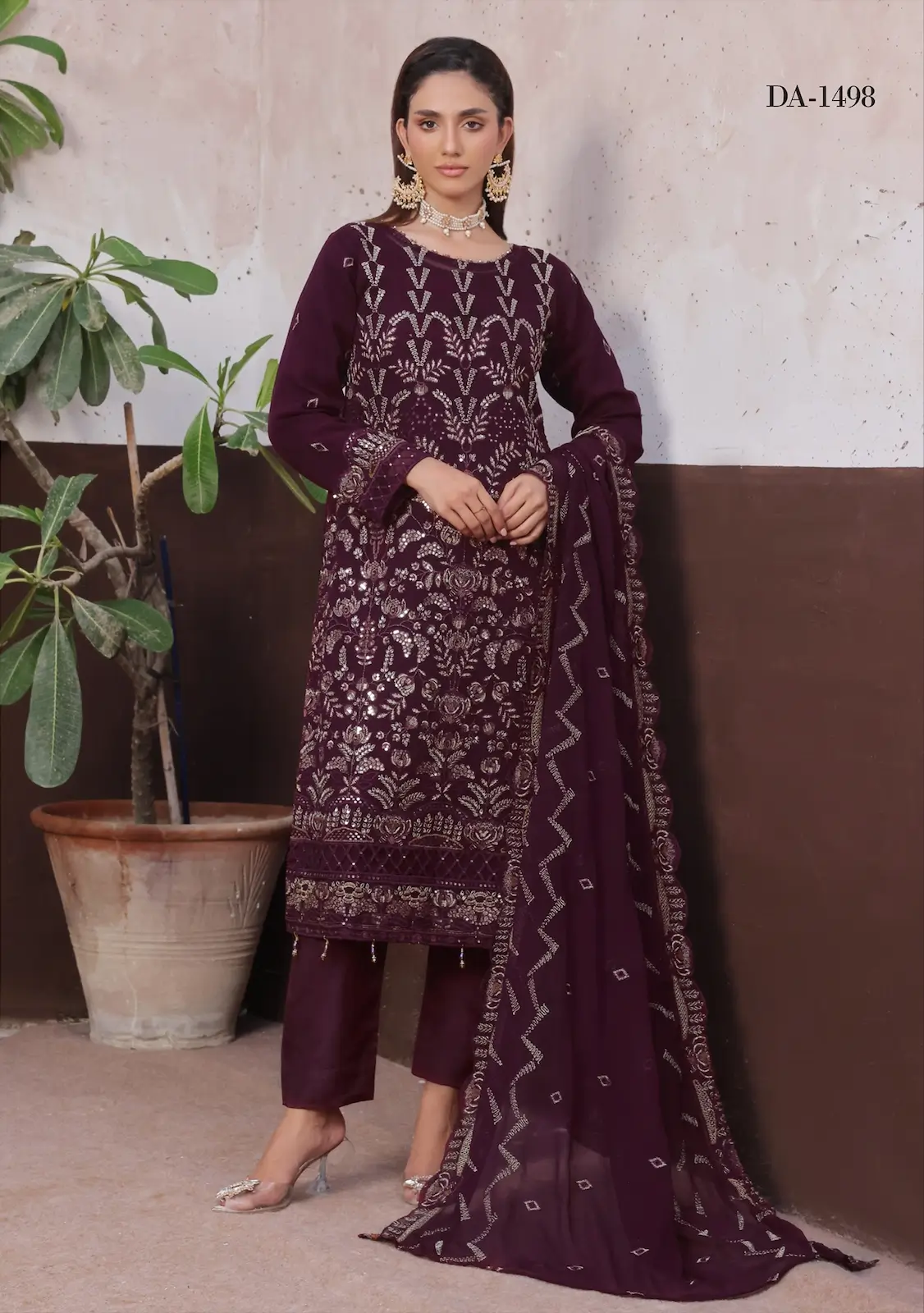 Pakistani Bin Hameed Embroidered Unstitched Three Piece - Burgundy 3