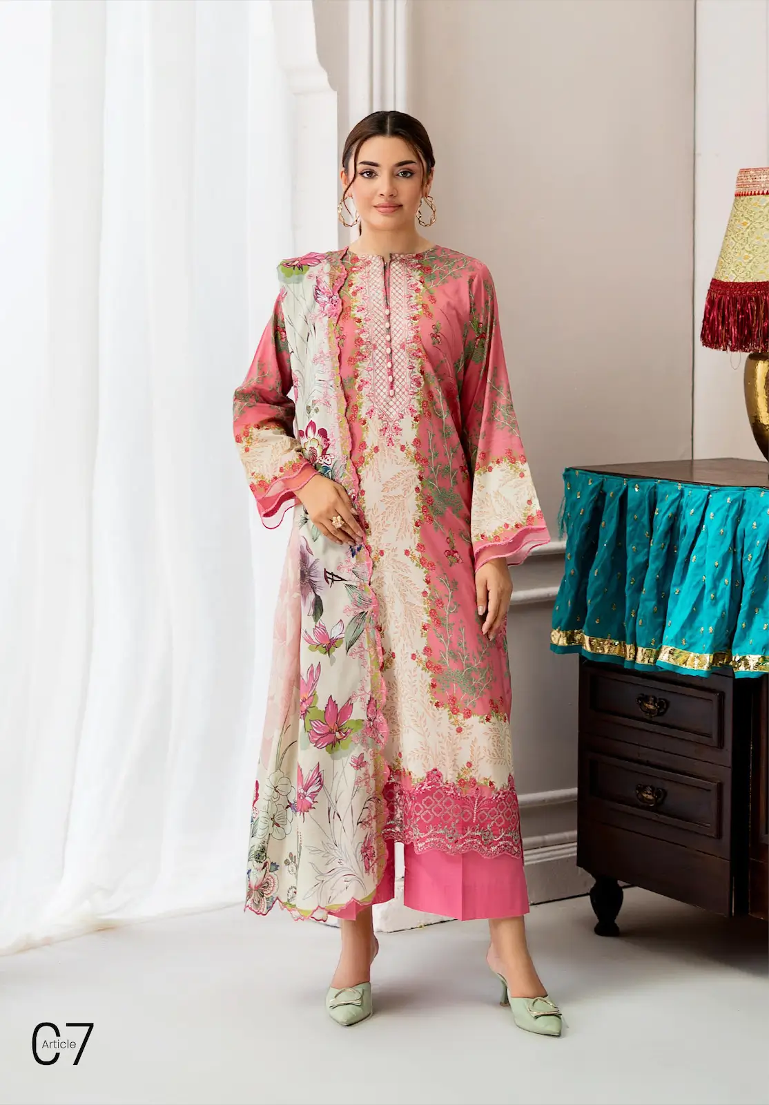 Pakistani Mahajal by Gulljee Unstitched Three Piece -Blush Pink 1