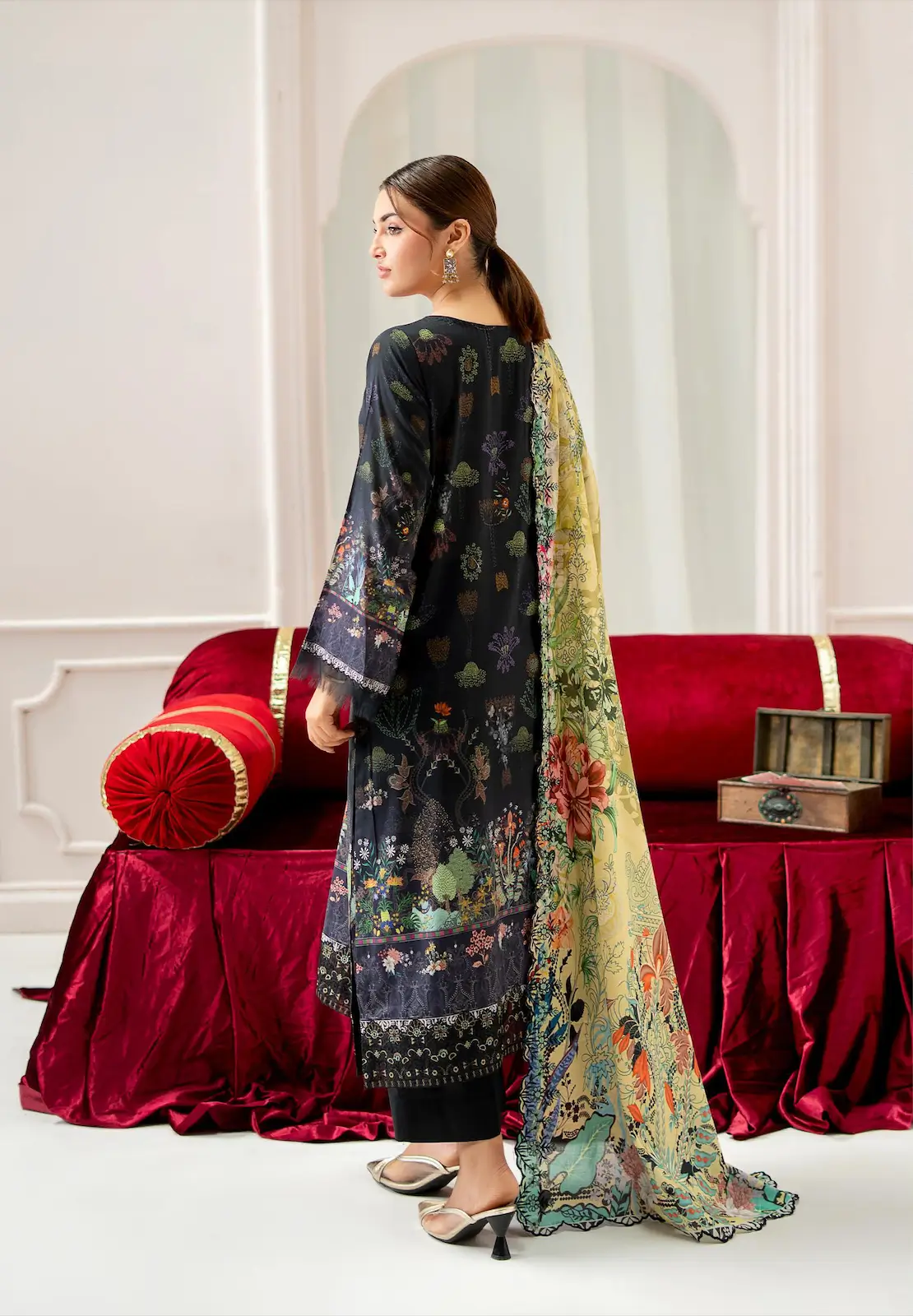 Pakistani Mahajal by Gulljee Unstitched Three Piece - Black Yellow 2