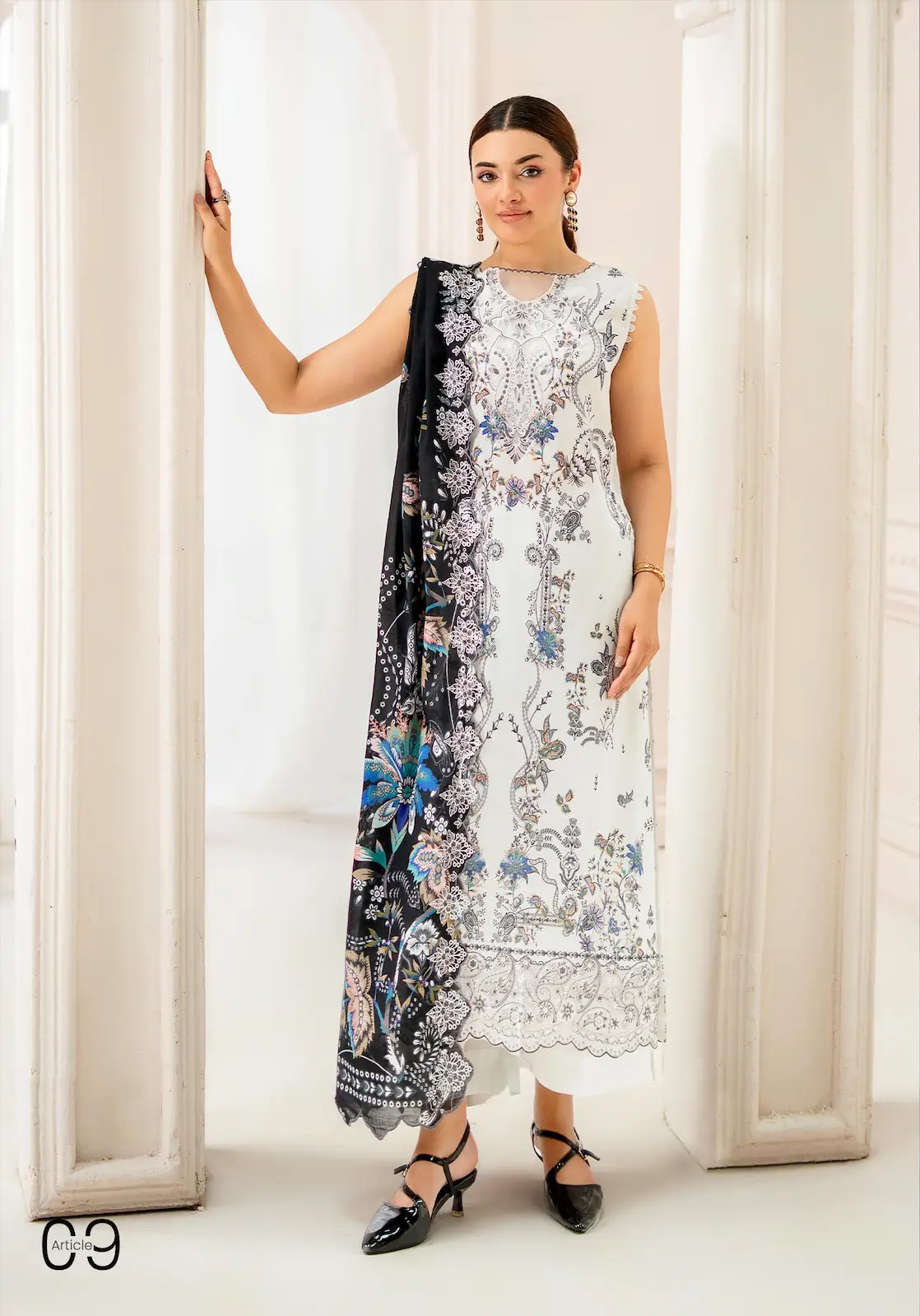 Pakistani Mahajal by Gulljee Unstitched Three Piece - Ivory White 1