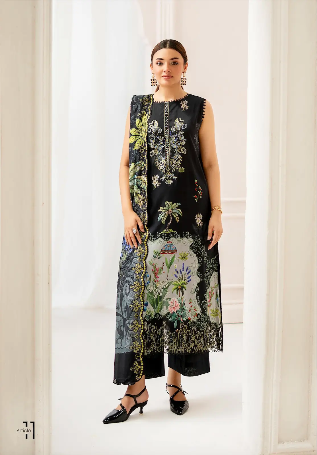 Pakistani Mahajal by Gulljee Unstitched Three Piece - Black white motif 1