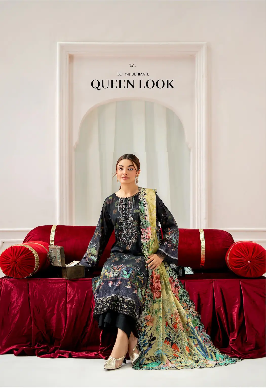 Pakistani Mahajal by Gulljee Unstitched Three Piece - Black Yellow 3