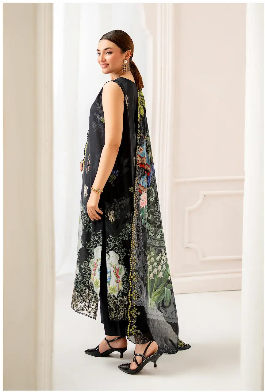 Pakistani Mahajal by Gulljee Unstitched Three Piece - Black white motif 2