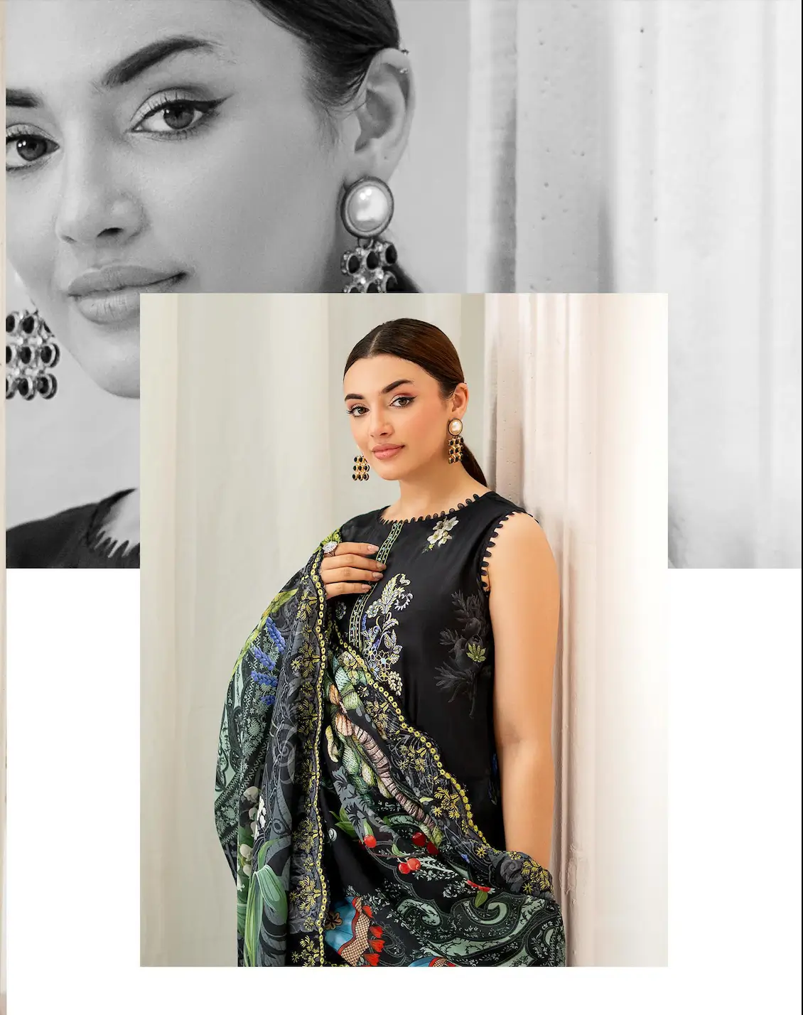 Pakistani Mahajal by Gulljee Unstitched Three Piece - Black white motif 3