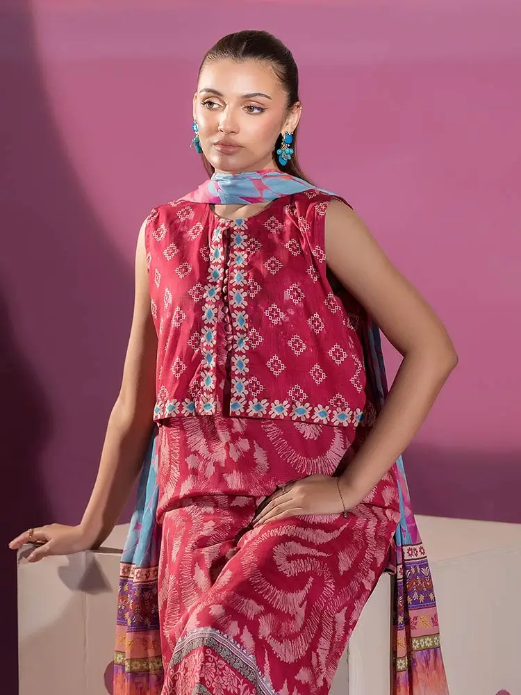 Pakistani Binaas Ciel Digital Printed Unstitched Three Piece- Red x Blue hue 5