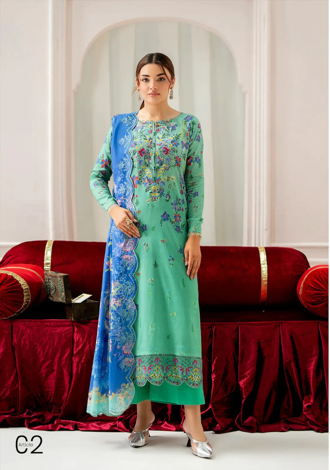 Pakistani Mahajal by Gulljee Unstitched Three Piece -Teal Green 1