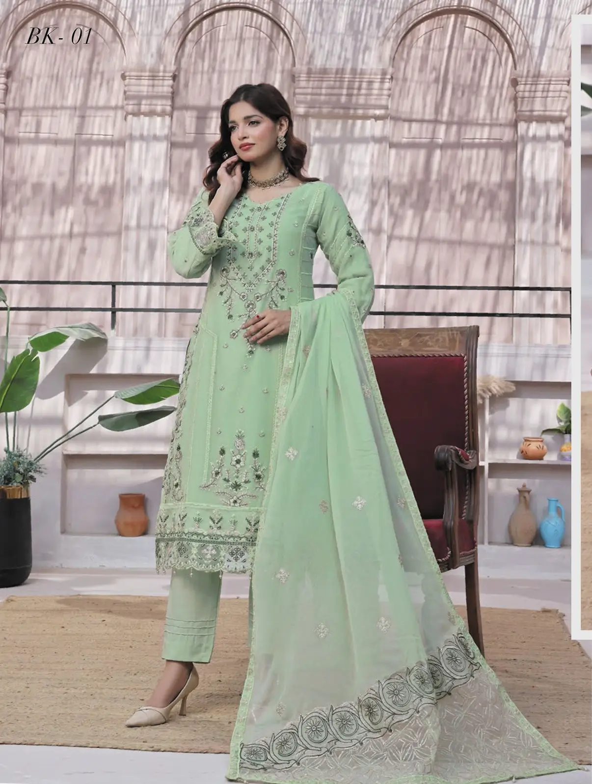 Pakistani Dastaan By Bin Khalid - Piece Unstitched Three Piece- Mint Green 1