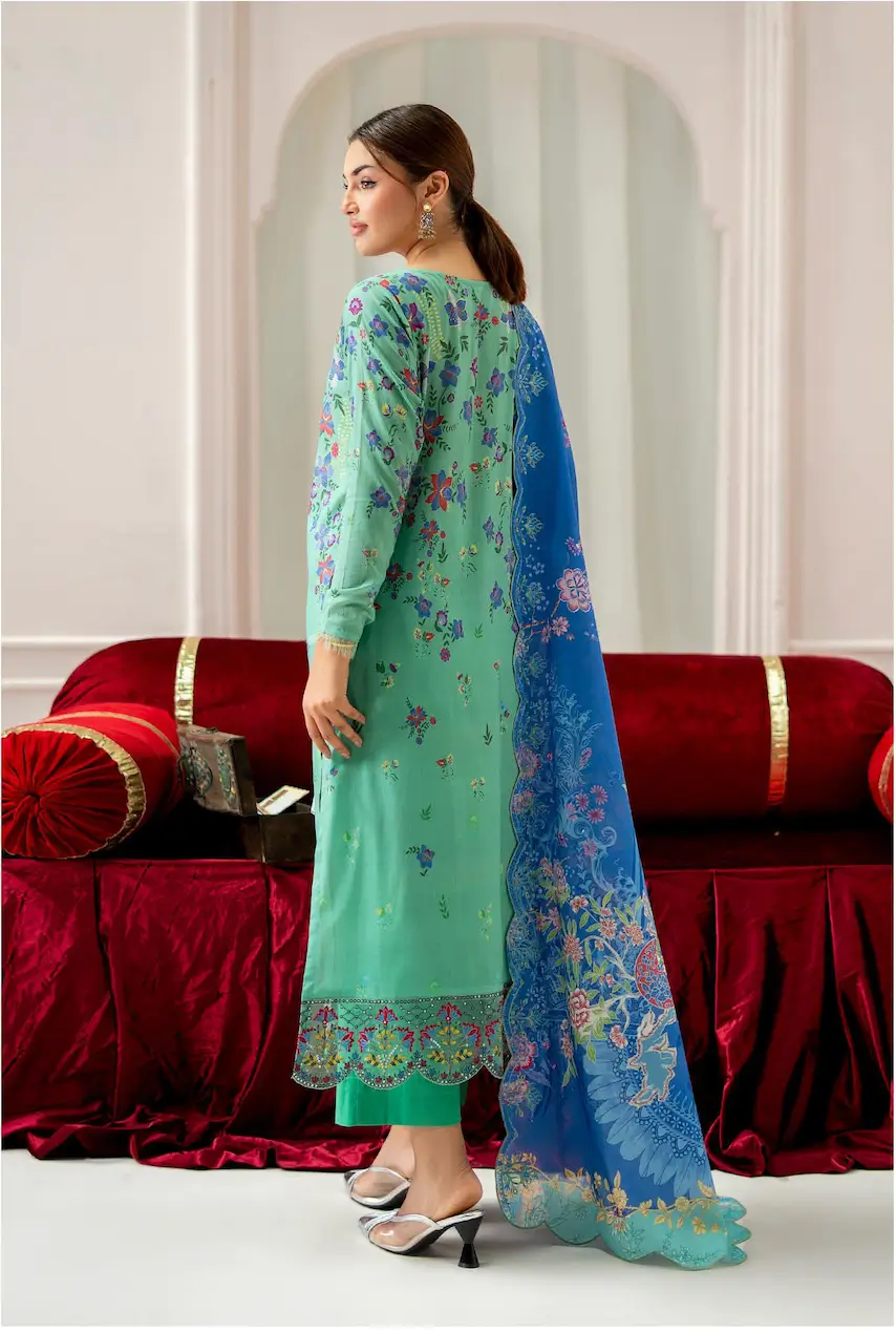 Pakistani Mahajal by Gulljee Unstitched Three Piece -Teal Green 2