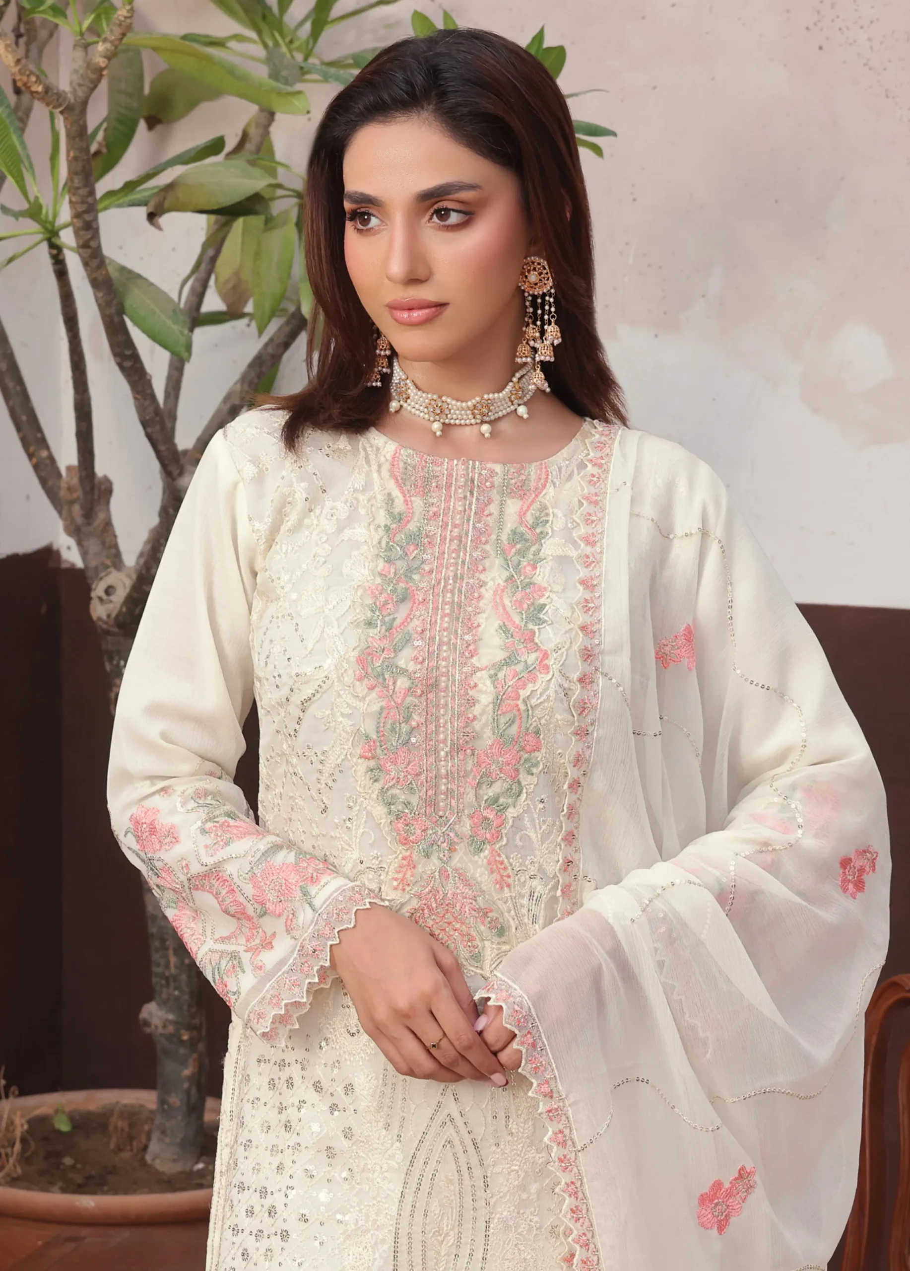 Pakistani Bin Hameed Embroidered Unstitched Three Piece - Ivory White 4