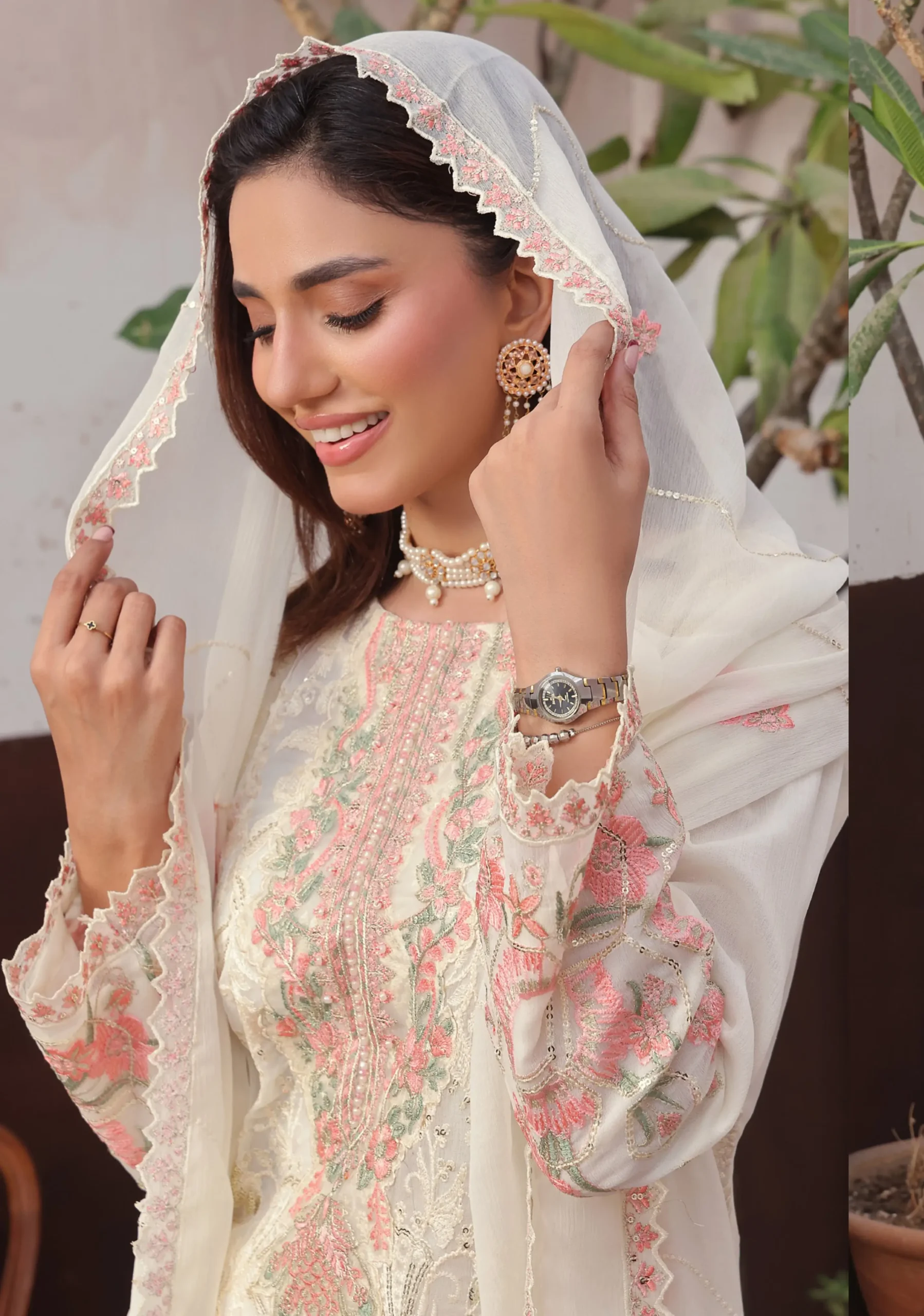 Pakistani Bin Hameed Embroidered Unstitched Three Piece - Ivory White 2