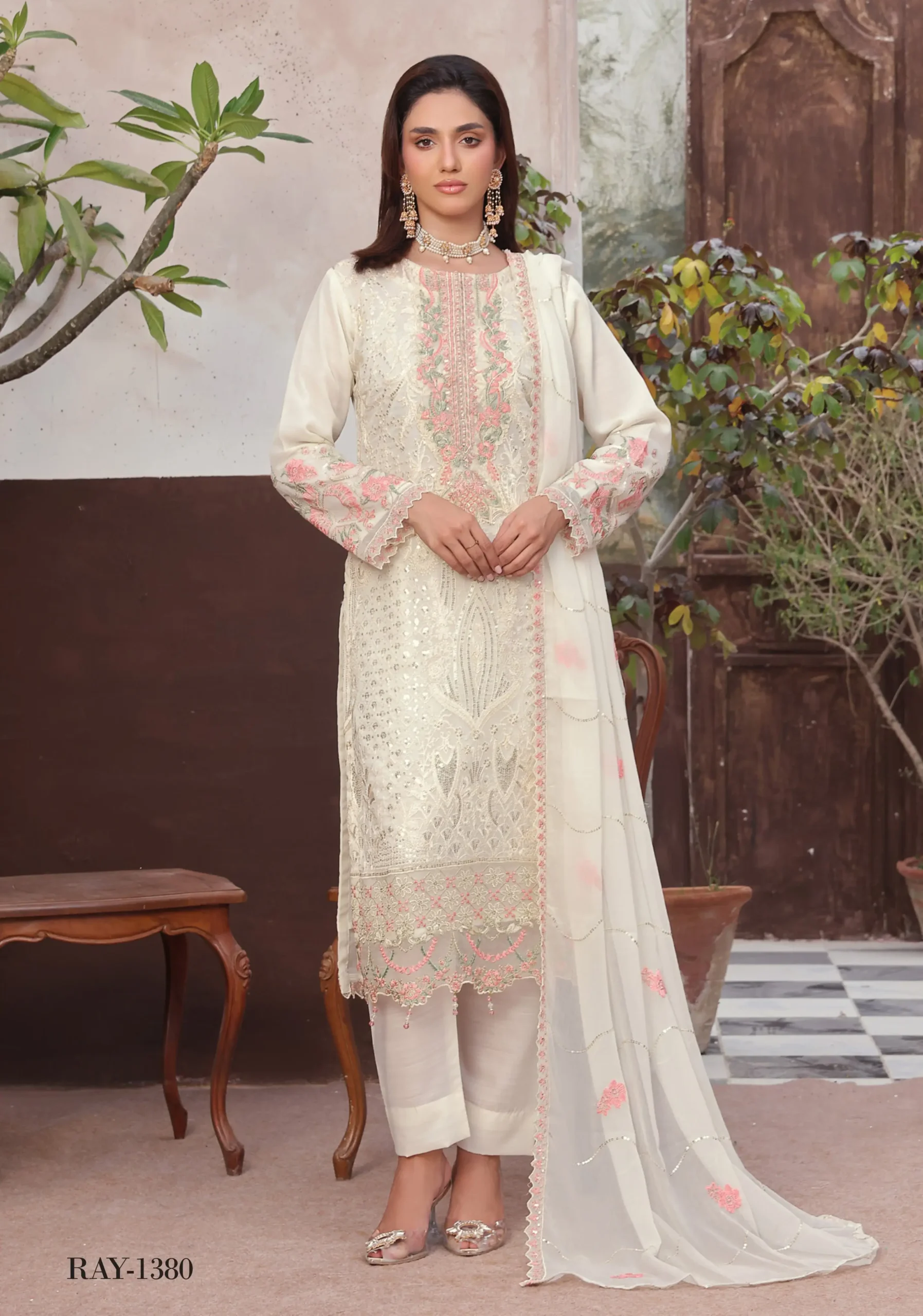 Pakistani Bin Hameed Embroidered Unstitched Three Piece - Ivory White 1