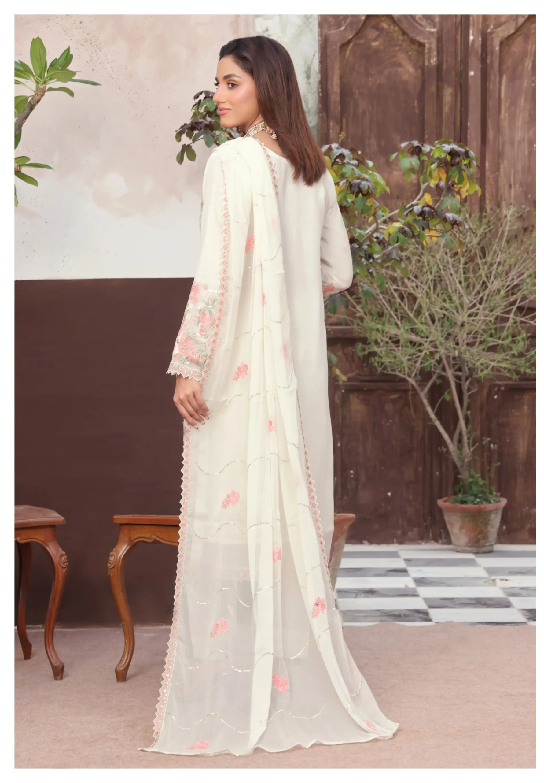 Pakistani Bin Hameed Embroidered Unstitched Three Piece - Ivory White 3