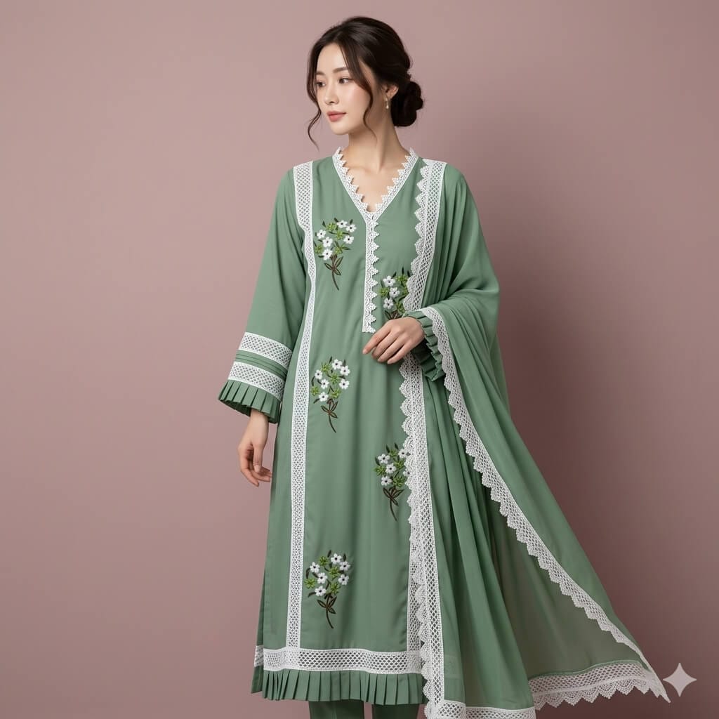 Mint Blossom Embroidered Three Piece 3