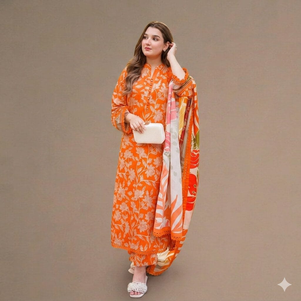 Premium Orange Floral Printed 3-Piece Unstitched/Ready-to-Wear Lawn Suit – Elegant Summer Collection 1