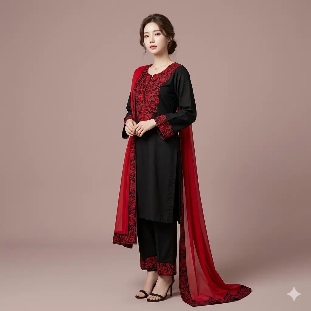 Elegant Black & Red Embroidered 3-Piece Salwar Kameez Set 2