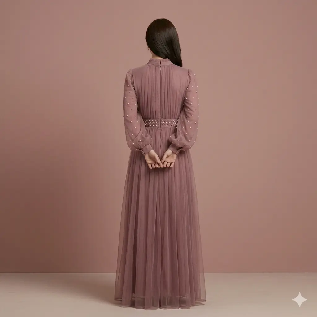 Elegant Dusty Rose Pleated Gown Premium Long Party Wear Dress 3