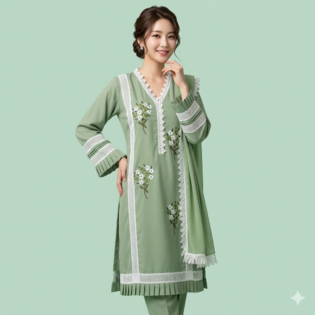 Elegant Sage Green Embroidered 3-Piece Salwar Kameez Set | Premium Soft Fabric | Stylish Women's Outfit 1