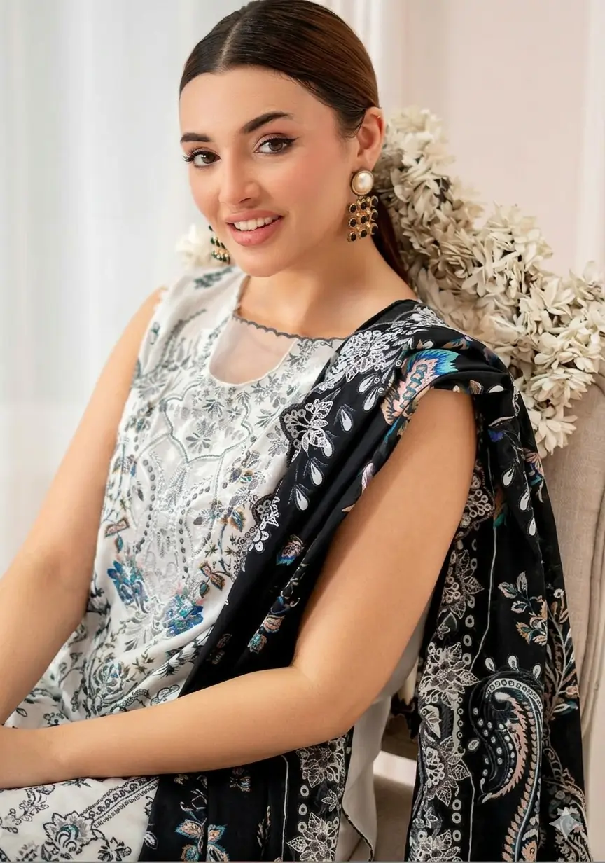 Pakistani Mahajal by Gulljee Unstitched Three Piece - Ivory White 3