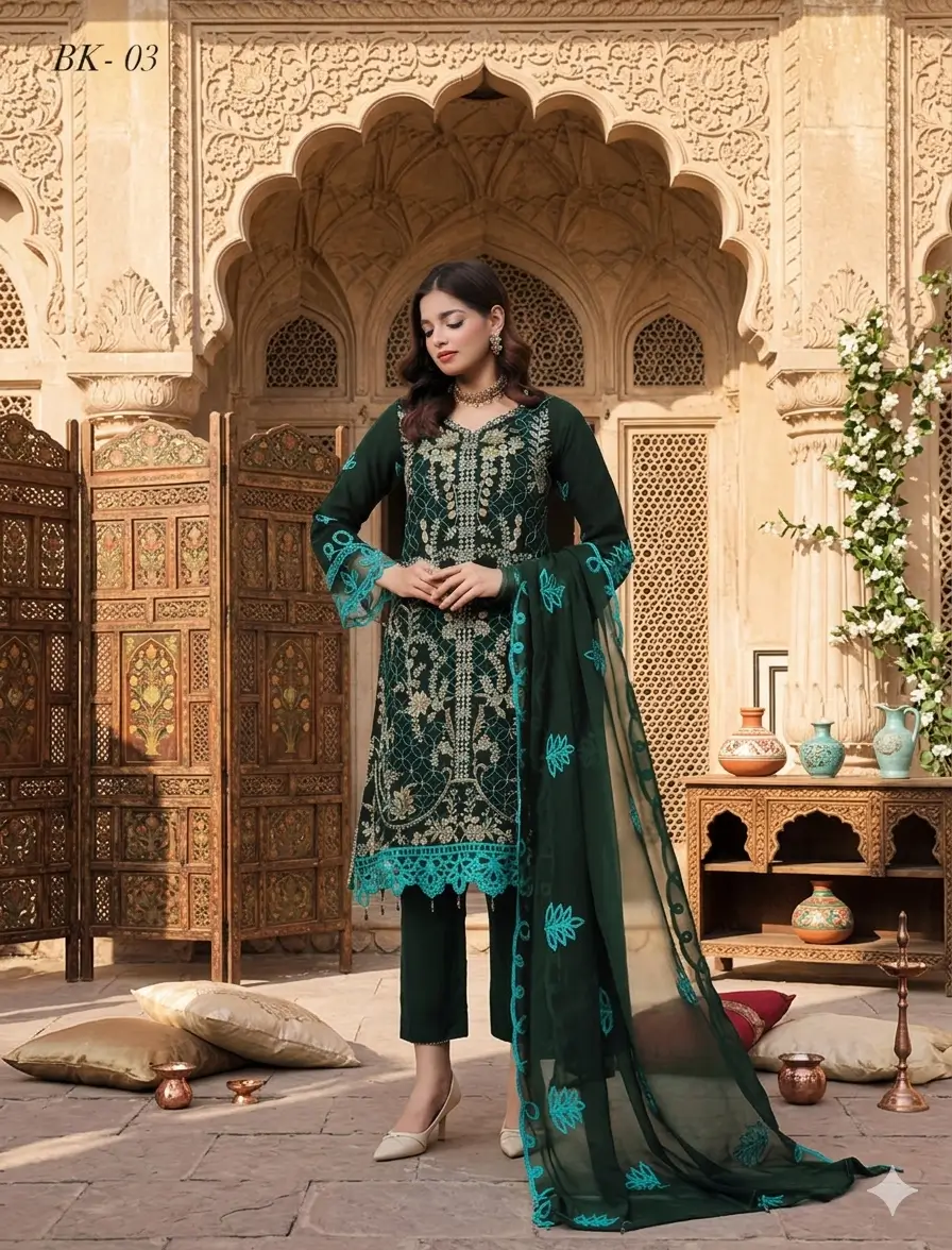 Pakistani Dastaan By Bin Khalid - Unstitched Three Piece- Royal Green 2