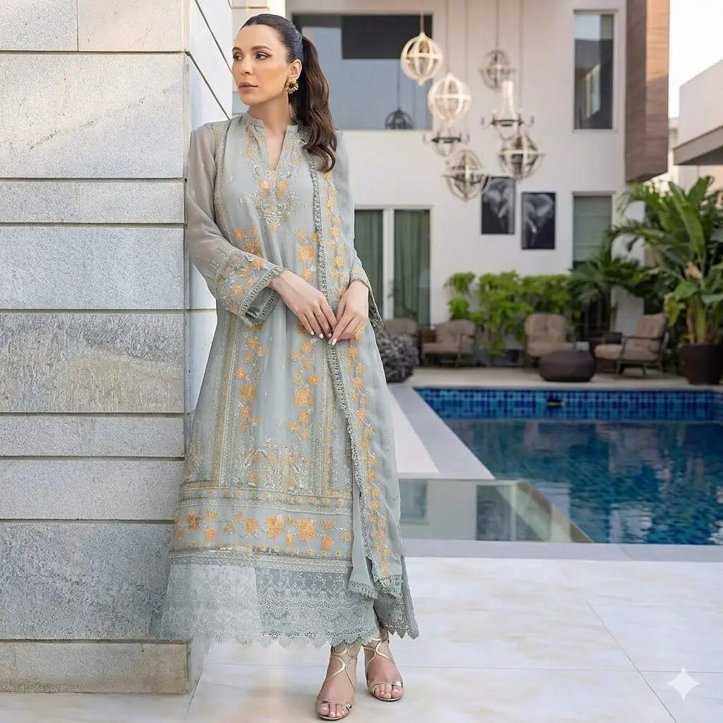 Pakistani Merakish Unstitched Lawn Three Piece - Gray 2