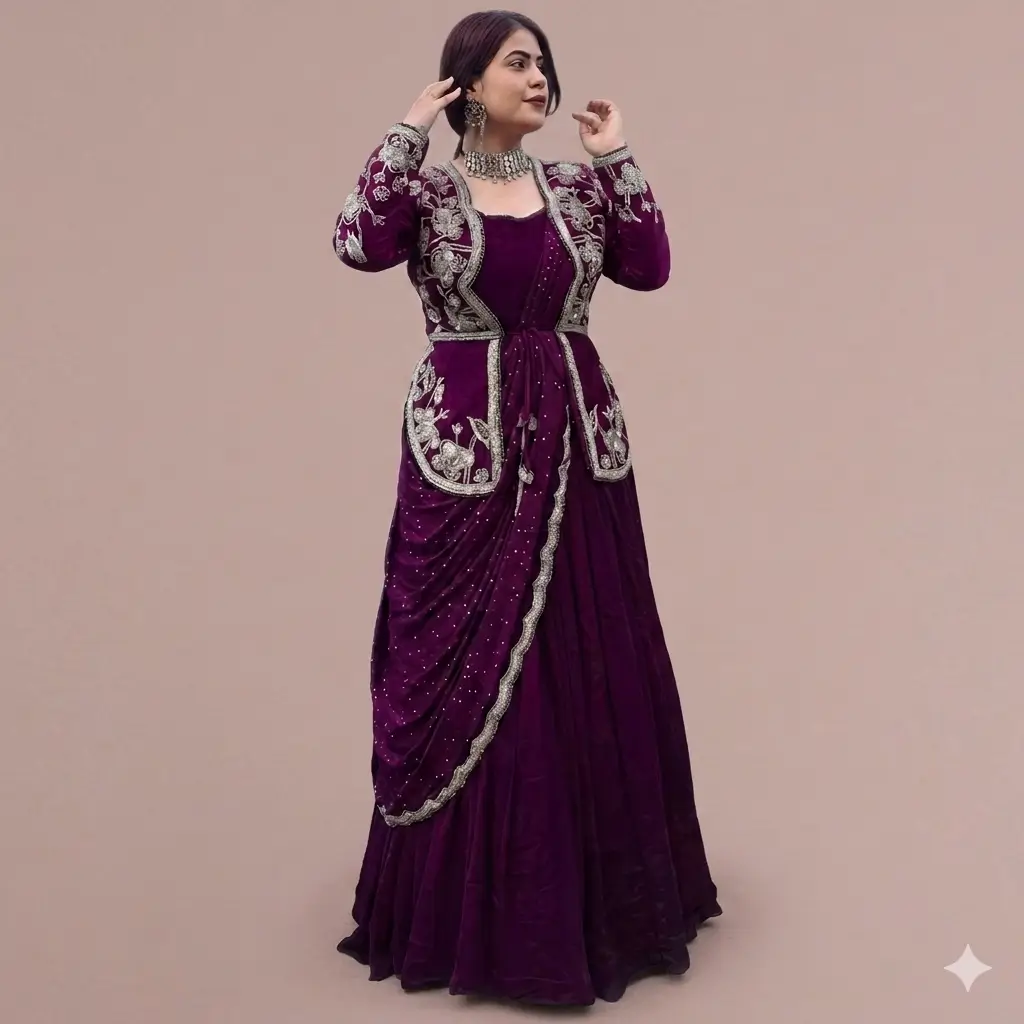 Kuti Saree Gown – Royal Plum Embroidered Designer Outfit 3