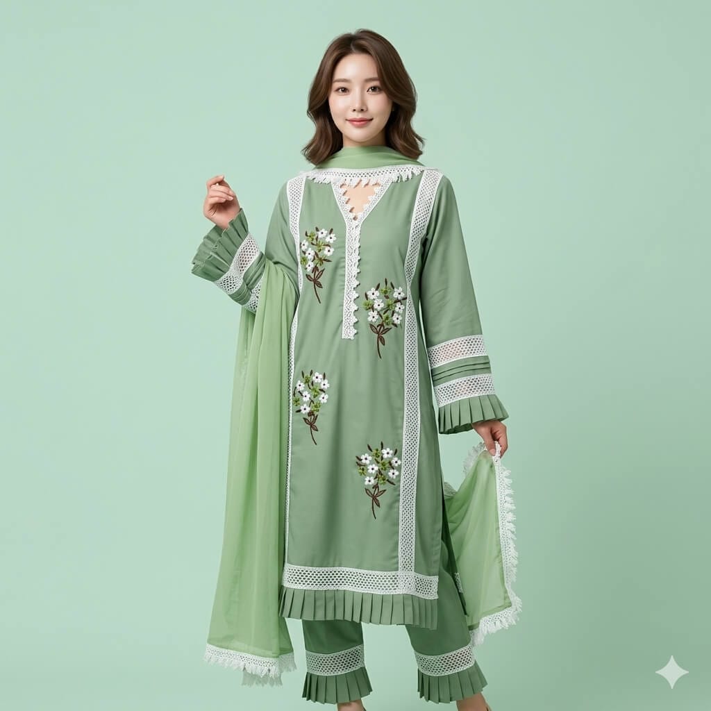 Elegant Sage Green Embroidered 3-Piece Salwar Kameez Set | Premium Soft Fabric | Stylish Women's Outfit 2