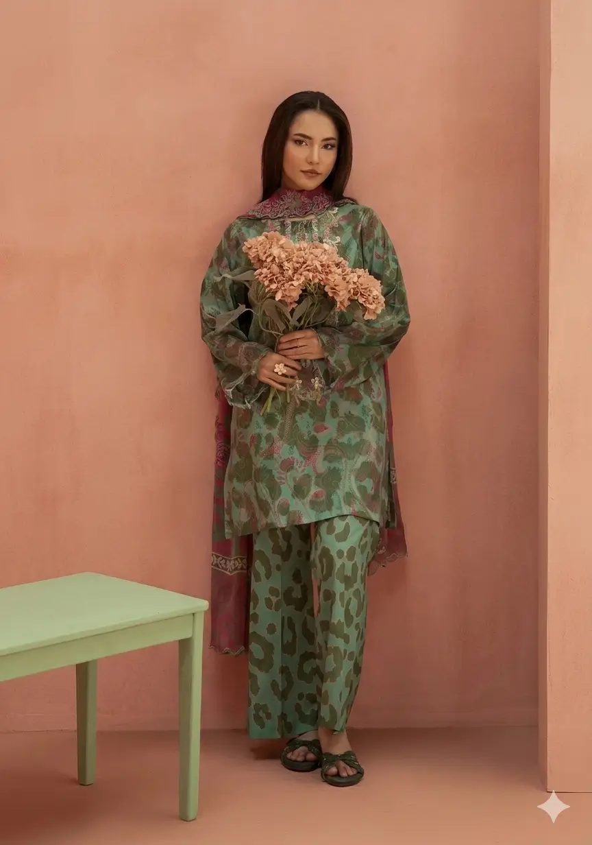 Pakistani Ziva V25 by Gull Jee Unstitched Embroidered Lawn Three Piece Suit- Coral Green 2
