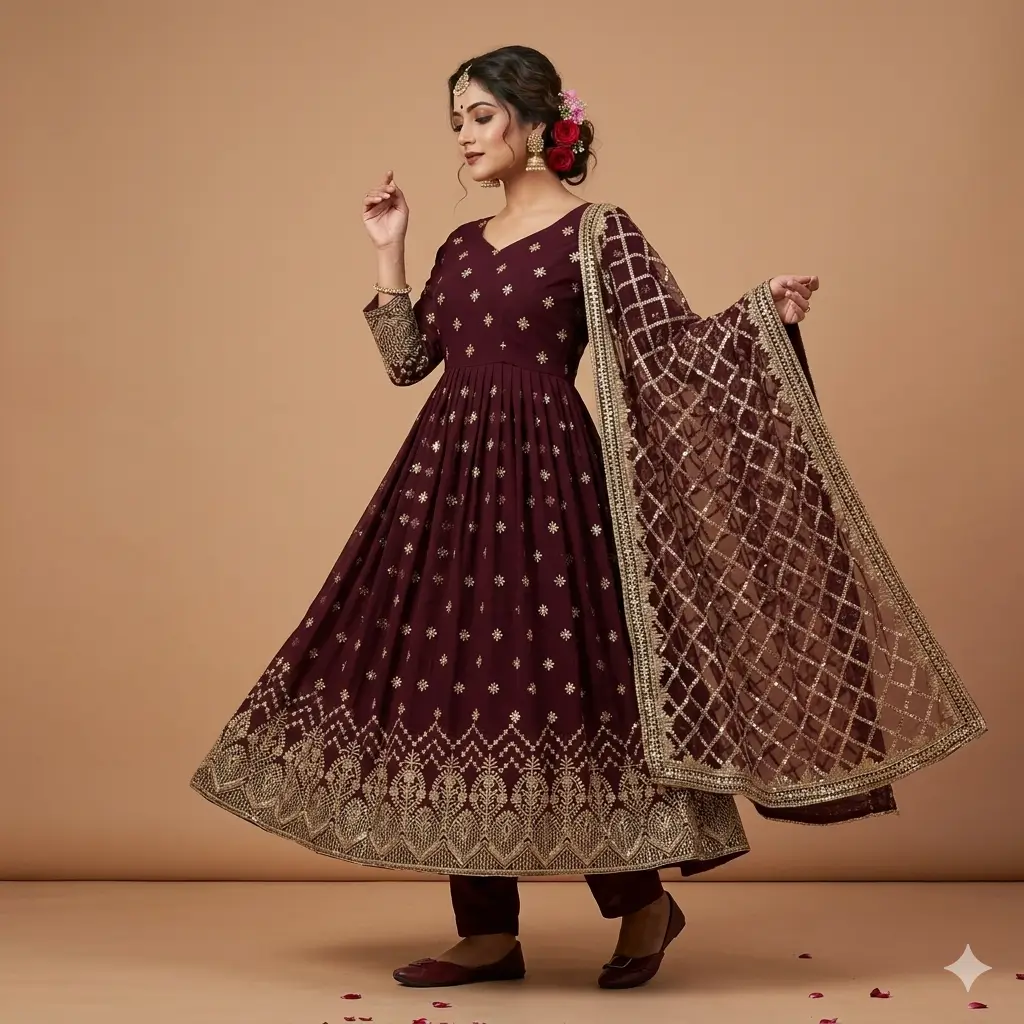 Luxury Maroon Embroidered Gown Set – Festive & Wedding Special 1