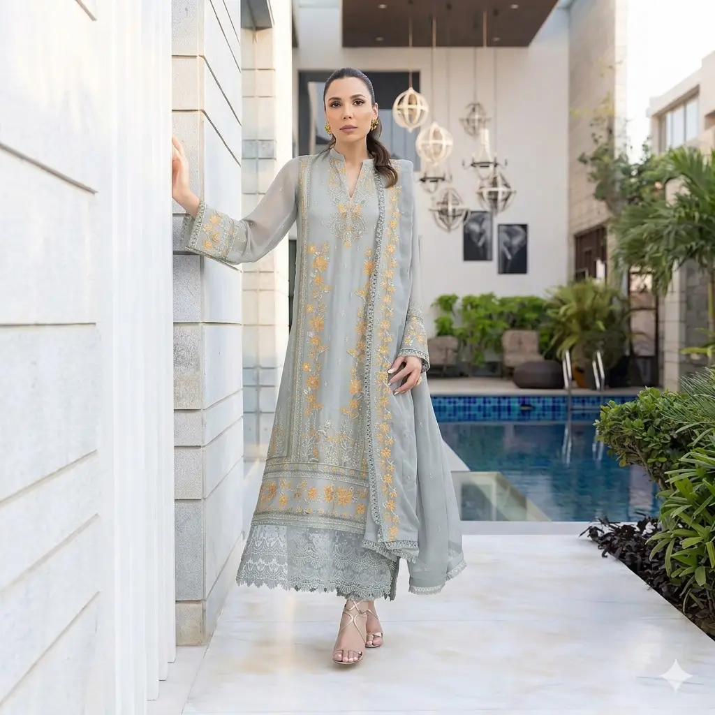 Pakistani Merakish Unstitched Lawn Three Piece - Gray 4