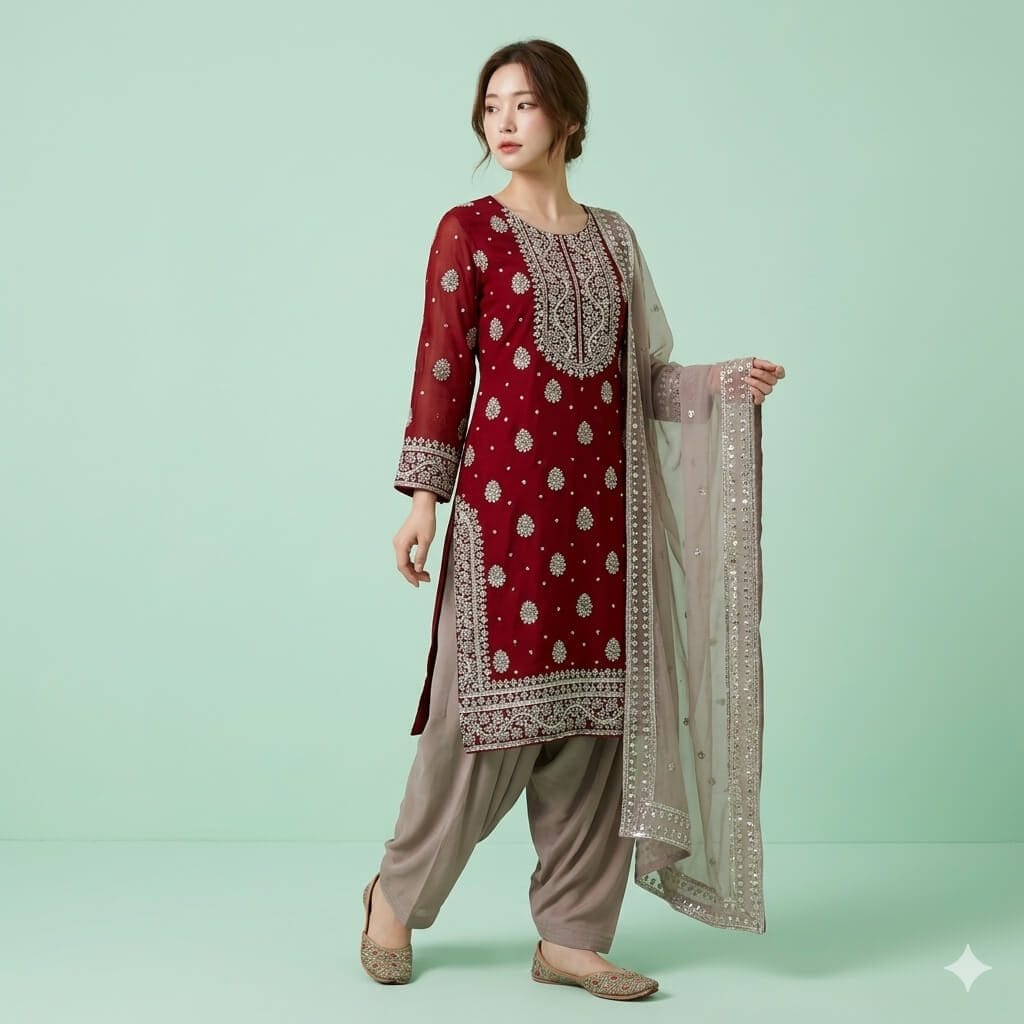 Elegant Maroon Embroidered Kurti Set with Dupatta – Premium Ethnic Wear 1