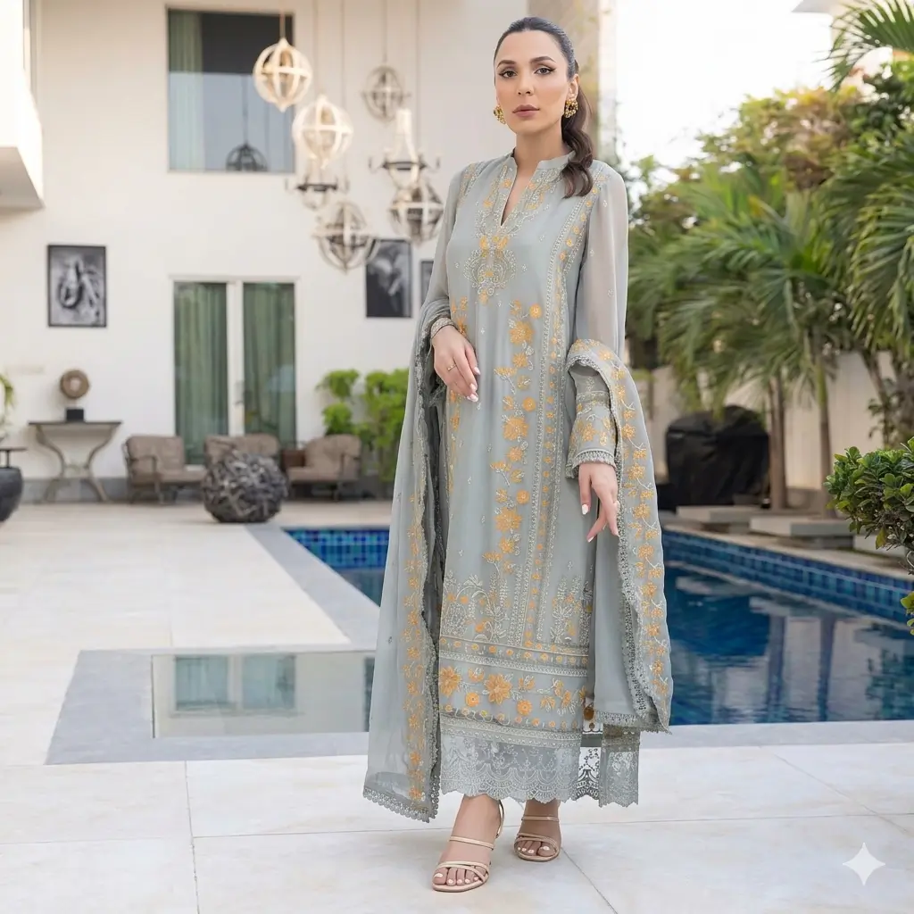Pakistani Merakish Unstitched Lawn Three Piece - Gray 1