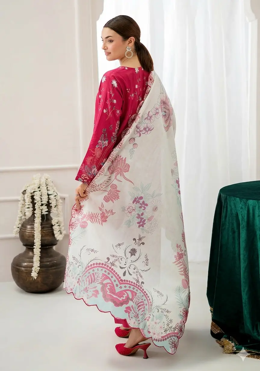 Pakistani Mahajal by Gulljee Unstitched Three Piece -Pale Red 2
