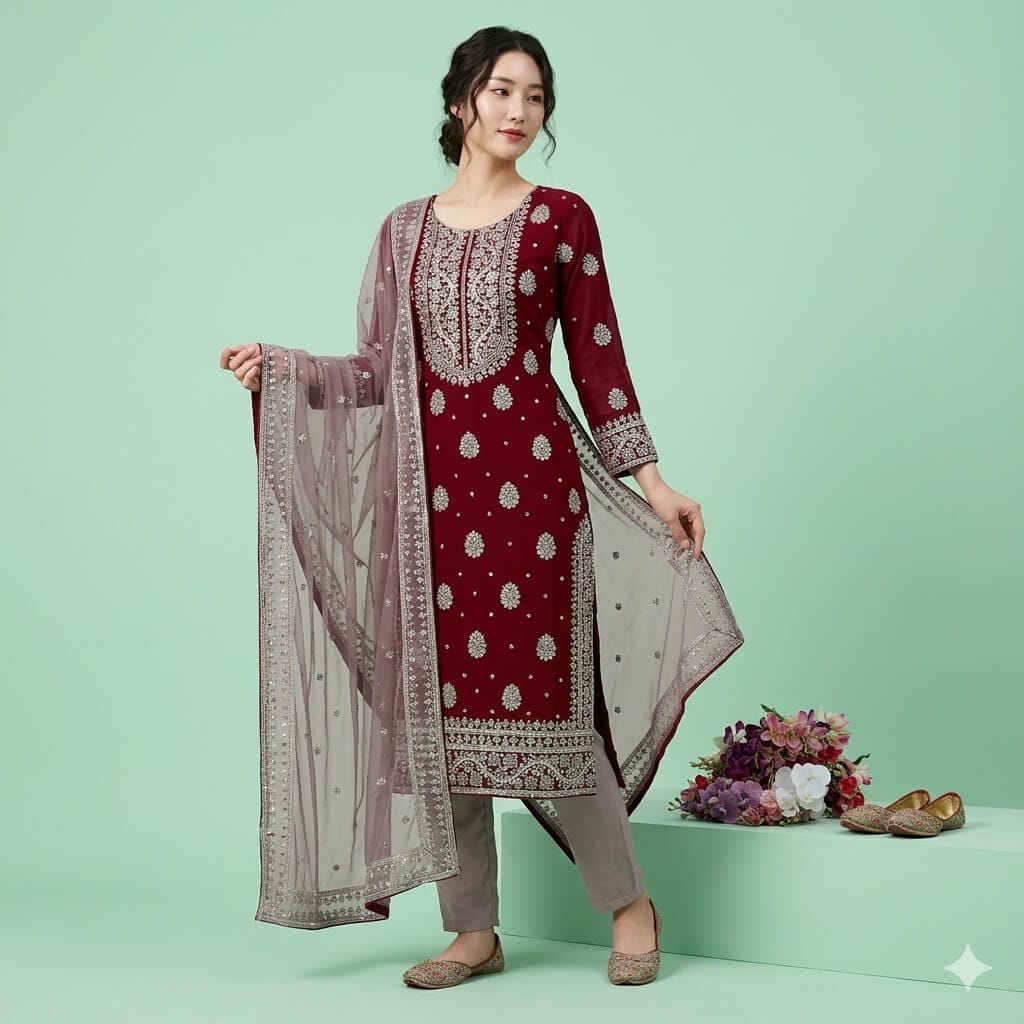 Elegant Maroon Embroidered Kurti Set with Dupatta – Premium Ethnic Wear 2