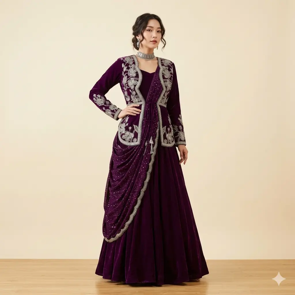 Kuti Saree Gown – Royal Plum Embroidered Designer Outfit 1