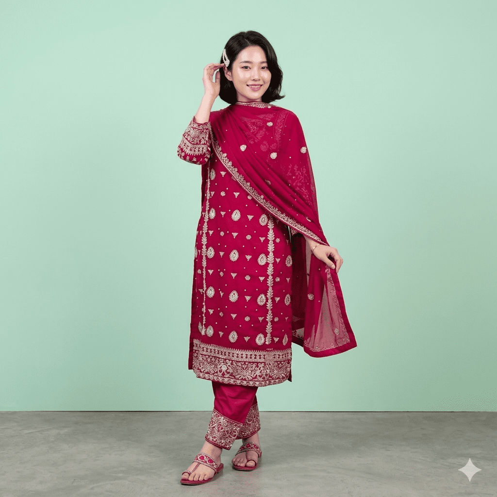 Premium Quality Embroidered Deep Magenta Salwar Kameez Suit with Dupatta - এক্সক্লুসিভ কারুকাজ করা সালোয়ার কামিজ সেট