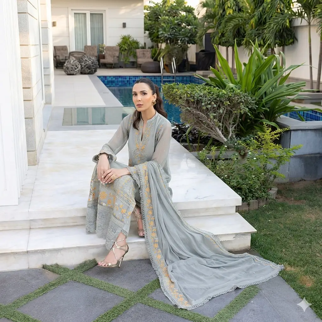 Pakistani Merakish Unstitched Lawn Three Piece - Gray 5