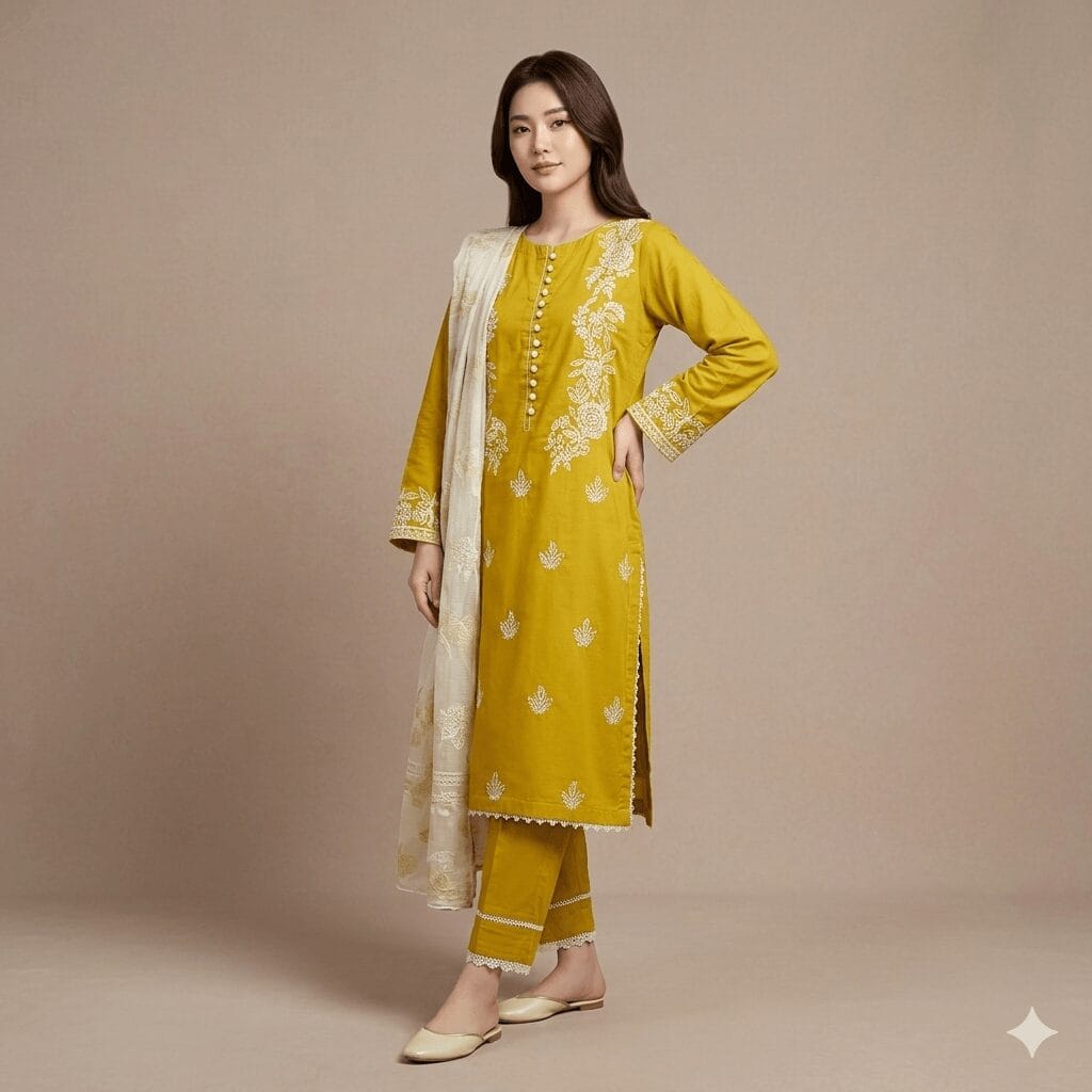 Mustard Yellow Embroidered Women's Kurti Set with Dupatta | Elegant Ethnic 3-Piece Outfit 1