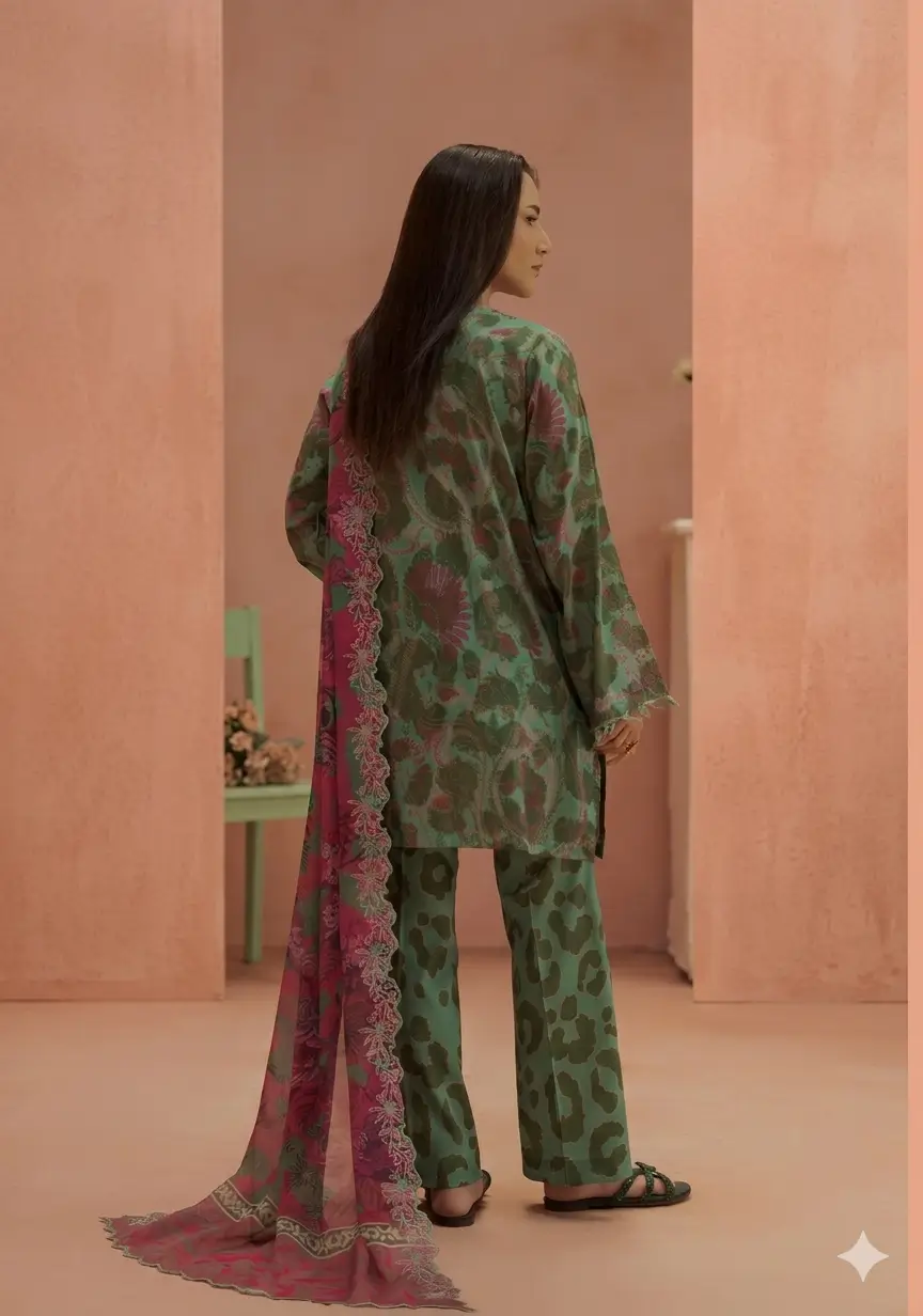 Pakistani Ziva V25 by Gull Jee Unstitched Embroidered Lawn Three Piece Suit- Coral Green 3