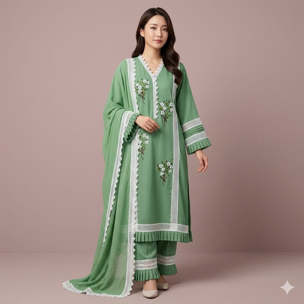 Mint Blossom Embroidered Three Piece 1