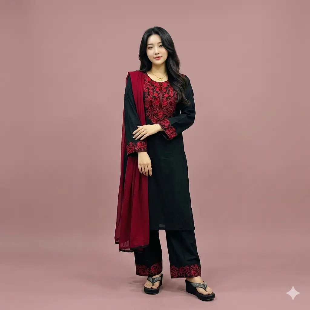 Elegant Black & Red Embroidered 3-Piece Salwar Kameez Set 3