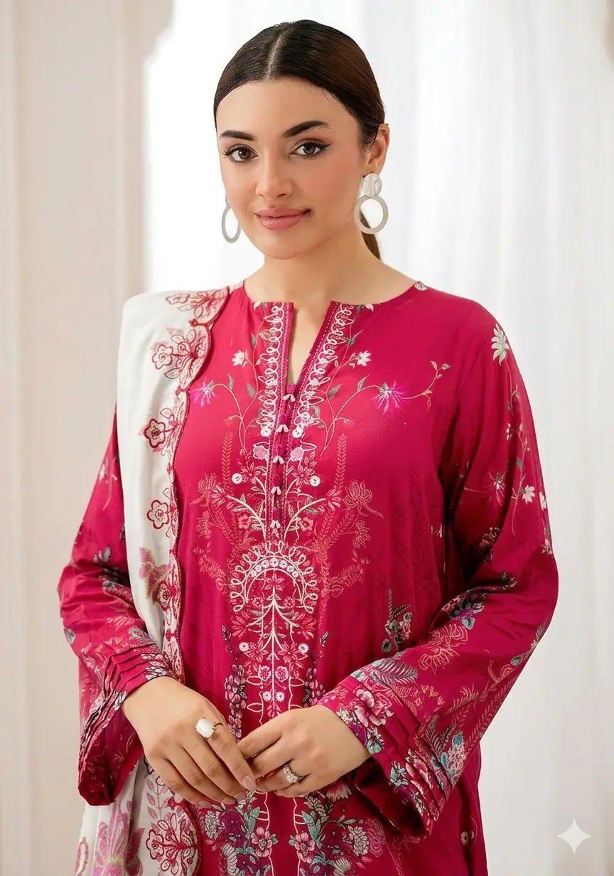 Pakistani Mahajal by Gulljee Unstitched Three Piece -Pale Red 3